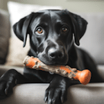 A black lab is sitting on a couch with a bone in their mouth, The Importance of Dog Wellness Exams, Hampton Park Veterinary Hospital, Charleston's Veterinarians, Charleston, SC.