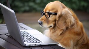 A Labrador retriever siting at a table looking on his laptop. Hampton Park Vet - Charleston SC 